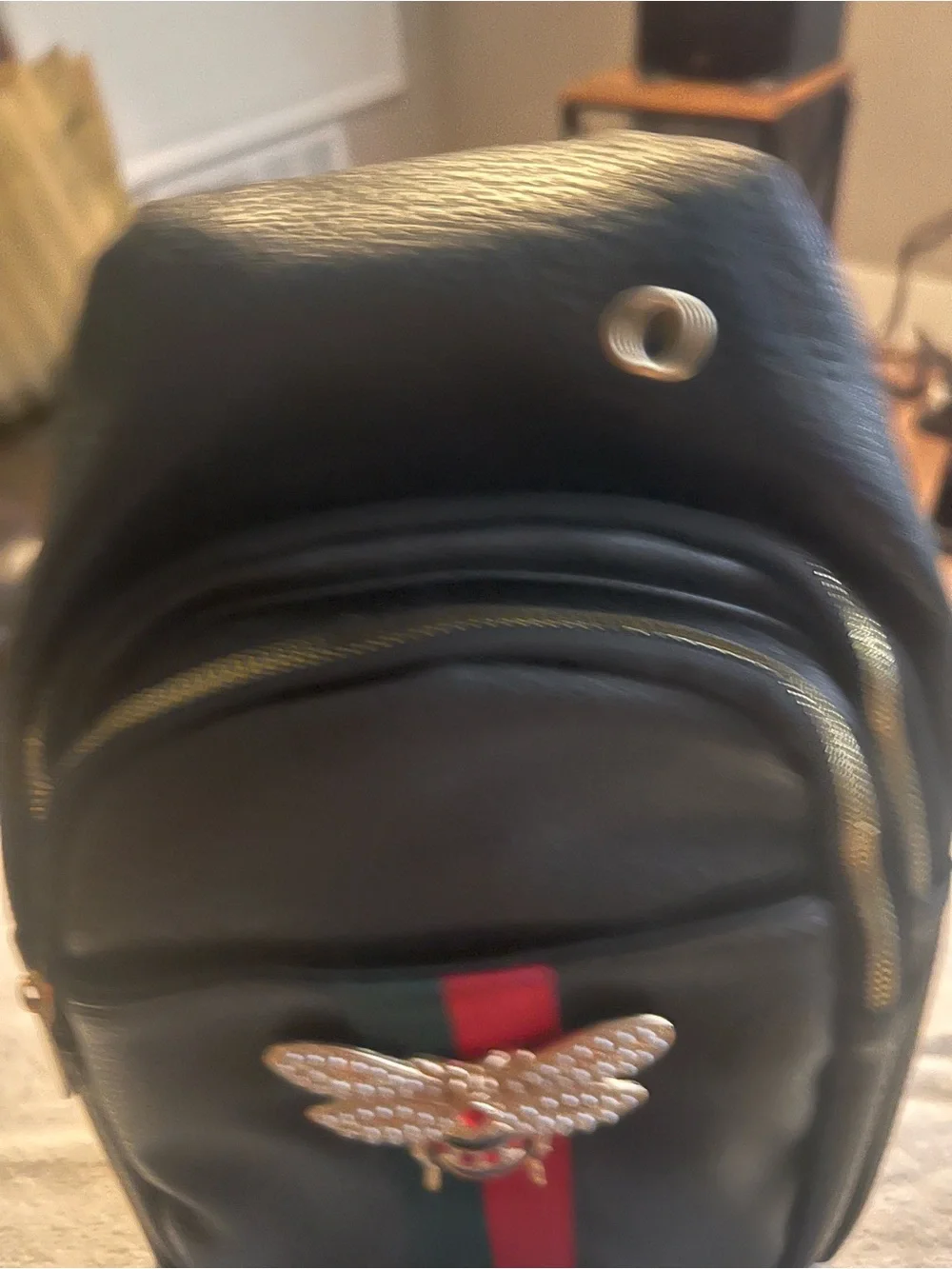 Black Mini Backpack with Red & Green Stripe and Gold Bee Accent